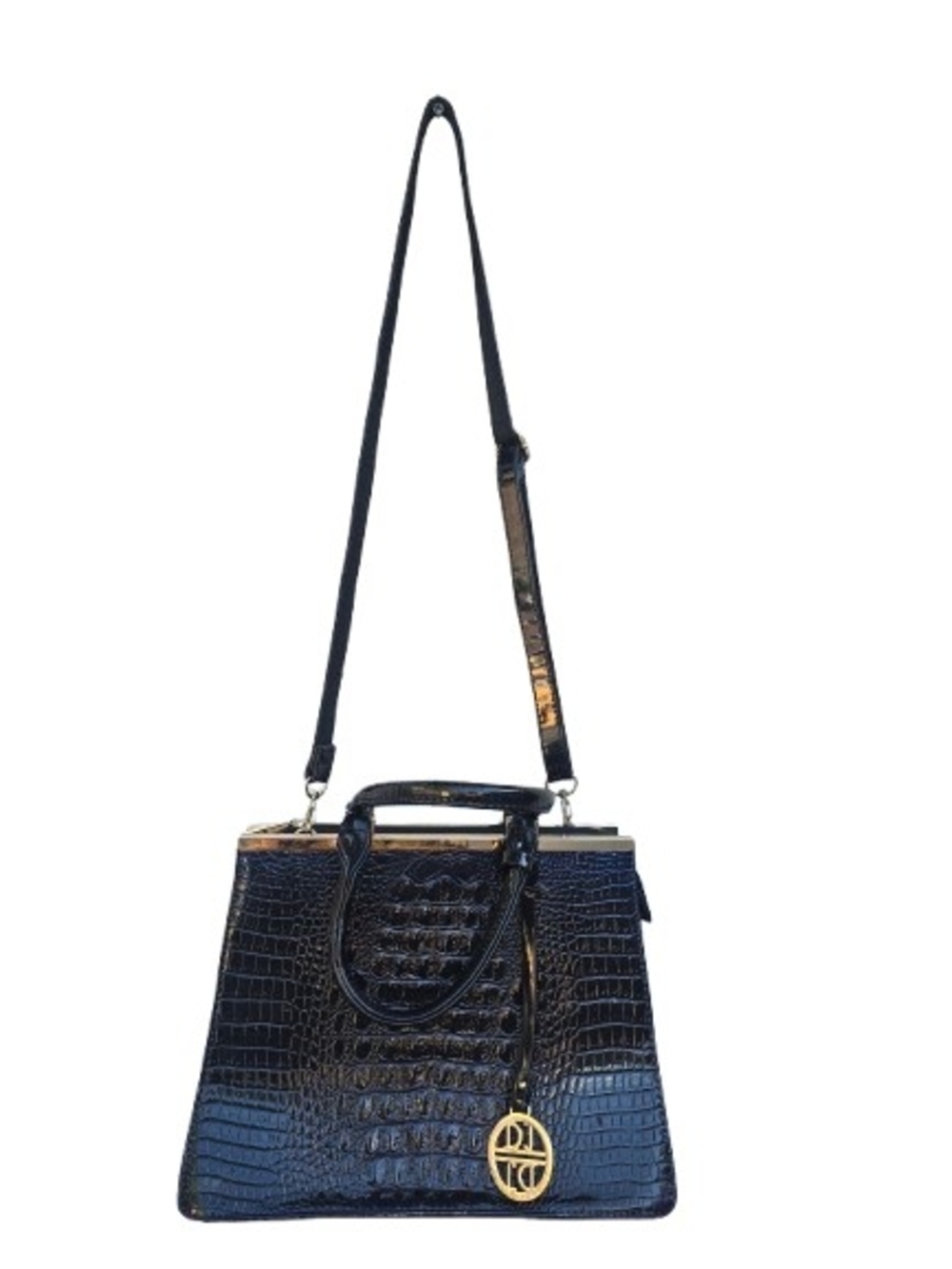 Black Blue Iridiscent Crocodrile Shoulder Bag with Gold Charm - Picture 2 of 16